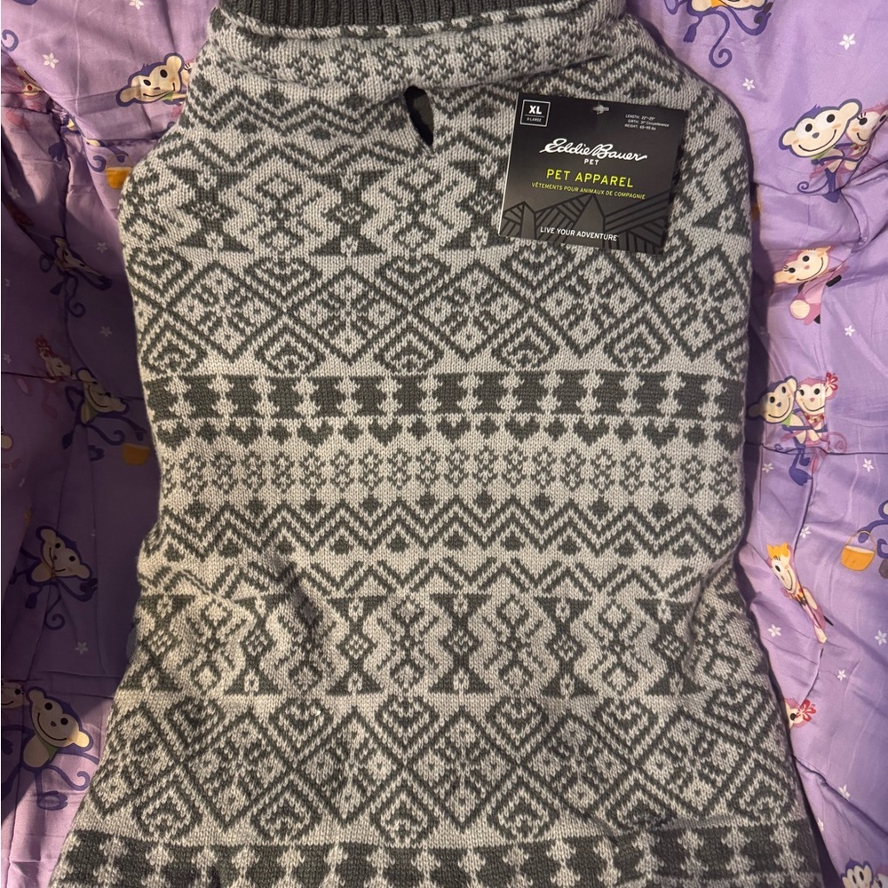 Eddie Bauer Gray Fair Isle Knit Pet Sweater New size XL